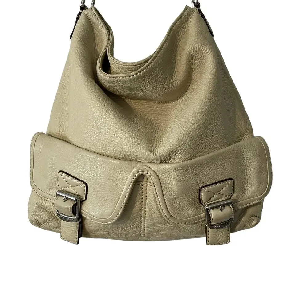 Michael Kors Cream Leather Ranger Hobo Bag Womens Pebbled Slouchy Handbag Purse